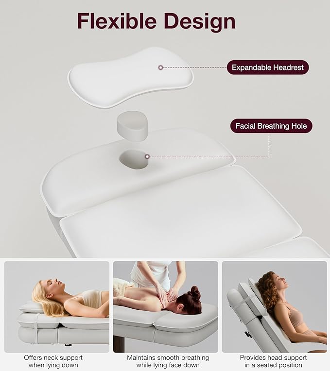 VARONXE Fully Electric Massage Table w/3 Motors, Professional Angle and Height Adjustable Spa Bed Facial Chair, Motorized Esthetician Bed Treatment Table for Beauty Salon, White