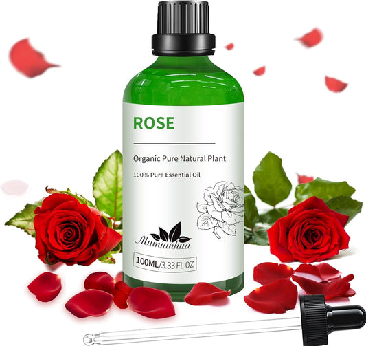Mumianhua Rose Essential Oil 100% Pure - Therapeutic Grade Natural Aromatherapy Rose Oil for Skin, Hair & Large Room Diffuser | Bulk Steam Distilled for Candle Making, Laundry & Home Scent 3.38 Fl Oz
