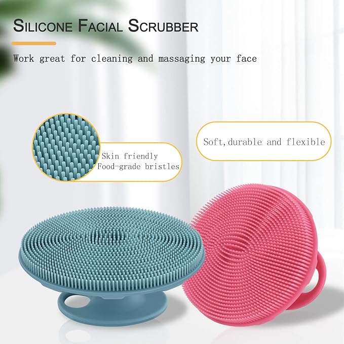 INNERNEED Silicone Face Scrubber, Exfoliating Brush Manual Handheld Facial Cleansing Brush Blackhead Remover, Food-Grade Soft Bristles (Dark Green+Pink)