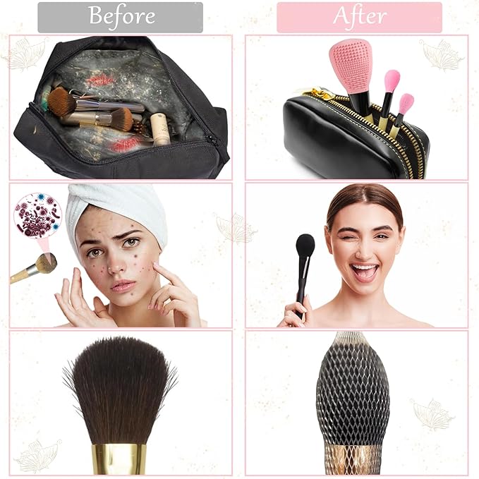 Silicone Travel Make-up Brush Holder with Cleaner Mat Pad, Organizer Case Covers for Foundation Eye Lip Brushes Storage Cleaning, Gift for Women Girl-Friend Mother Wife, 3-Pcs Large + 5 Small, Blue