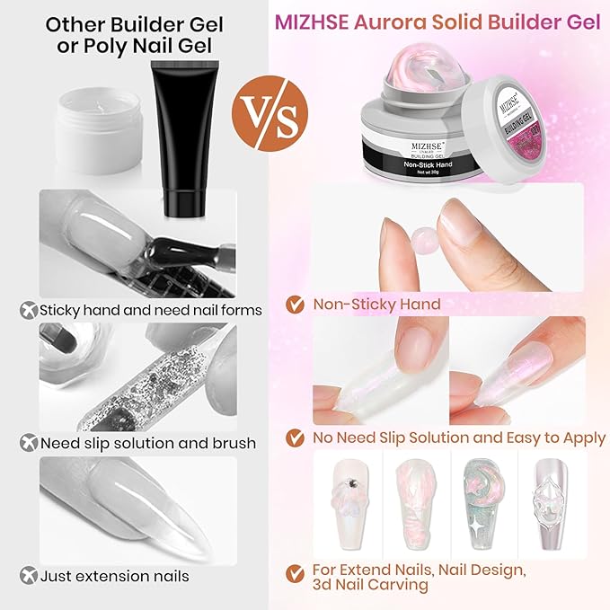 MIZHSE Solid Builder Gel for Nails, Mermaid Pearl 1oz Hard Gel Builder Non Sticky Nail Extension Gels Long Lasting Modeling Sculpture Nail Salon Art Home Use