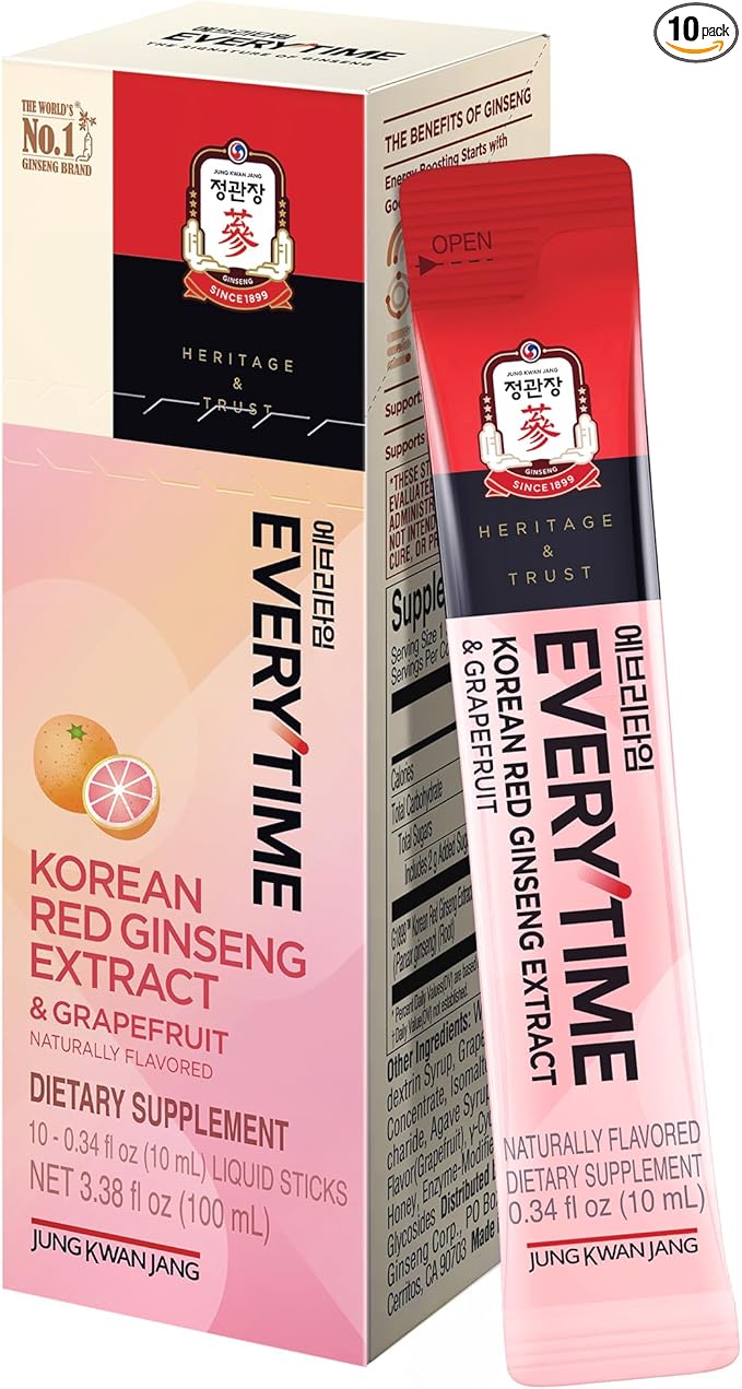 JUNG KWAN JANG Everytime Korean Red Ginseng Extract 1,000mg & Grapefruit - Vegan Ginseng Root Energy Drink Liquid Stick Supplements - Builds Stamina & Immunity, No Caffeine (10 Sticks, 0.34 fl oz)