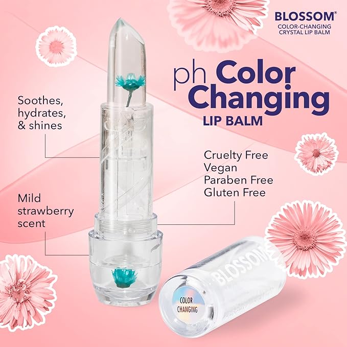 Blossom Moisturizing Custom Color Changing Crystal Lip Balm, Strawberry Scented, Lip Stain Tint, Infused with Real Flowers, 3g, Turquoise