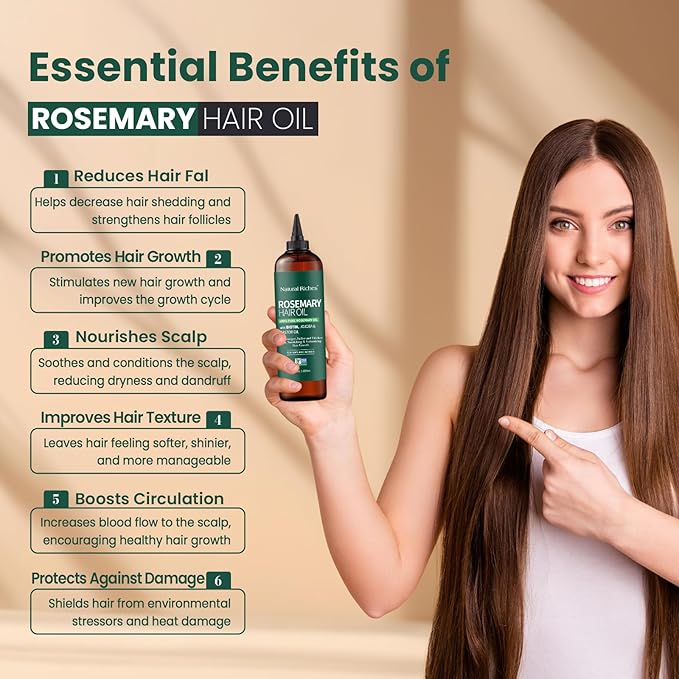 Natural Riches 100% Pure Premium Rosemary Oil For Hair Growth Infused With Biotin & Vitamin E Jojoba & Castor Oil Hair Strengthening Treatment | Nourishing & Volumizing | Non GMO Verified 8 Fl oz.