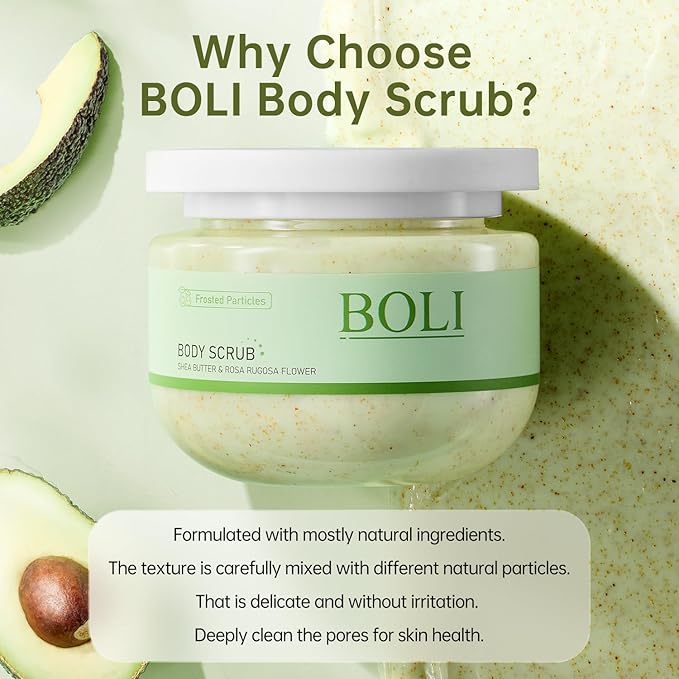 BOLI Shea Butter Body Scrub, Walnut Shell Powder Exfoliating Moisture Scrubber Deep Cleansing Nourishes for Smooth (250g, Shea Butter)