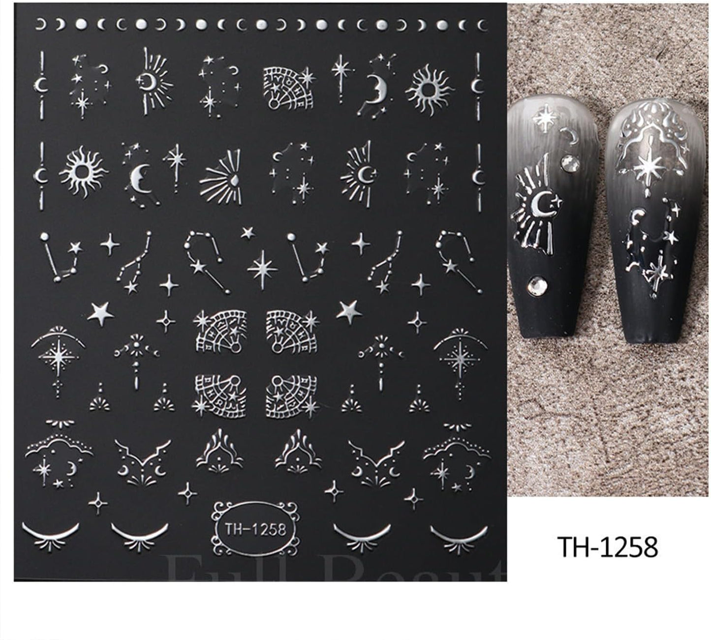 Metallic Silver Nail Art Stickers 3D Self-Adhesive Nails Stickers Bohemian Sun Moon Hexagram Butterfly Heart French Tip Decal Supplies Women DIY Silver Metal Nail Art Decoration 4Sheets