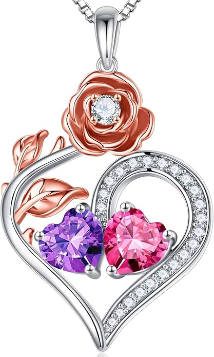 Iefil Rose Heart Birthstone Necklaces for Women - 925 Sterling Silver Double Birthstone Necklace, Anniversary Birthday Gifts for Women, Jewelry Gifts for Wife Her