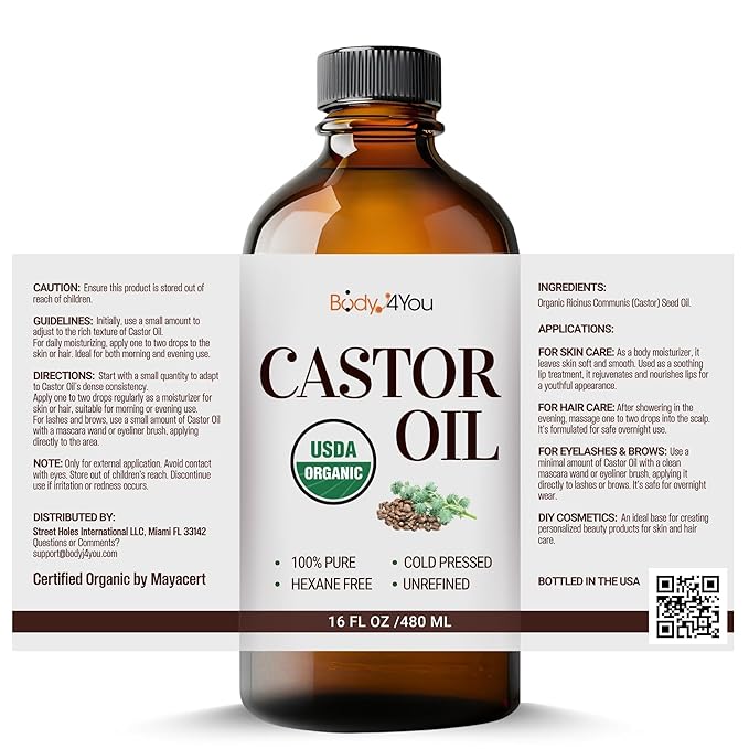 BodyJ4You Castor Oil for Eyelashes Eyebrows - 100% Pure Natural USDA Organic Cold Pressed - Hydrating Skin Hair Growth Oil Lashes Scalp - Non-GMO Hexane Free Unrefined Carrier - Glass Bottle 16 Fl Oz