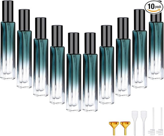 Segbeauty Green Glass Perfume Bottle Set, 10pcs 10ML Perfume Travel Refillable, 0.34oz Empty Atomizer Sprayer for Perfume Cologne Dispenser, Travel Sample Bottles Perfume Making Kit with Refill Tool