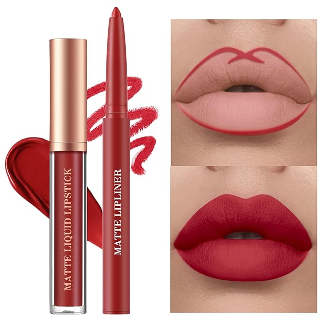 BestLand 6Pcs Matte Liquid Lipstick + Lip Liner Pens Set, One Step Lips Makeup Kits Pigment Velvety Nude Lip Stain Waterproof Long Wear Lip Gloss Make up Gift Set (Vintage Charm Lip Set)