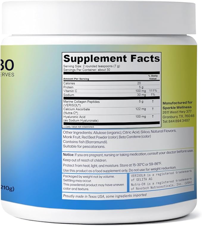 Sparkle Wellness Marine-derived VERISOL Bioactive Hydrolyzed Collagen Peptides | Collagen Powder Supplement with Vitamin C & Hyaluronic Acid | Marine Skin Boost Plus (Peach) [30-Serves]