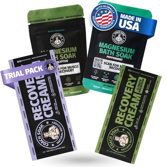 Coach Soak Magnesium Bath Flakes Mint & Lotion Trial Pack - Absorbing Magnesium Cream with Menthol - 0.18 lb (4 Pack) - Mixed Scents