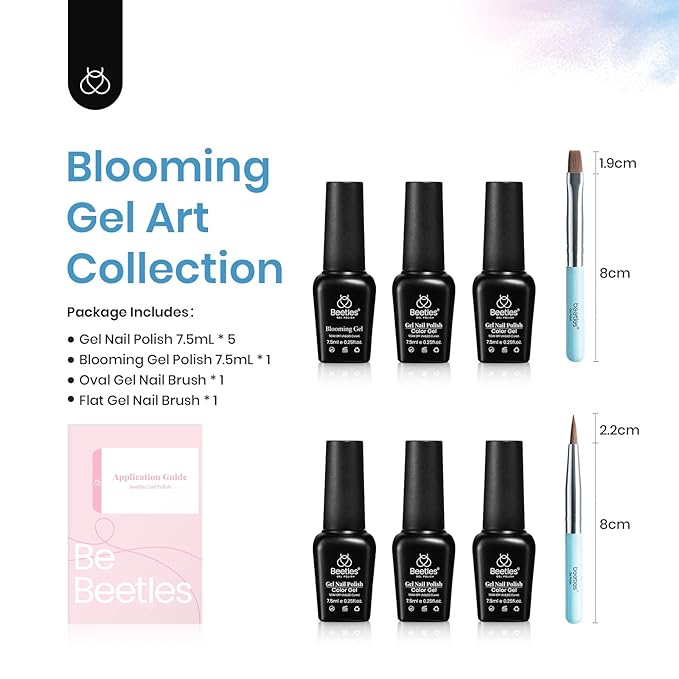 Beetles Halloween Gel Nail Polish with Blooming Gel, 5 Colors Neon Pink Green Blue Purple Yellow Nail Polish Clear Blooming Polish for Spreading Effect with 2 Nail Art Brushes Nail Art Set for Women