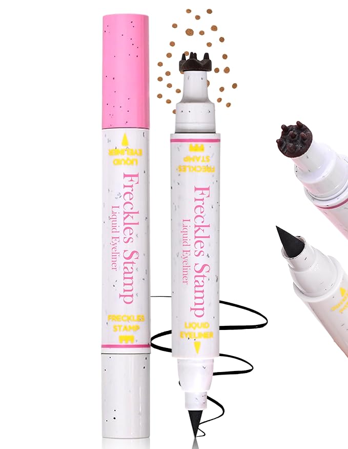 Erinde Waterproof Freckle Stamp Pen, Dual Ended Fake Freckle & Black Liquid Eyeliner, Long Lasting Quick Dry Faux Freckles Stamp Freck Pen for Natural Sunkissed Makeup, 03 Dark