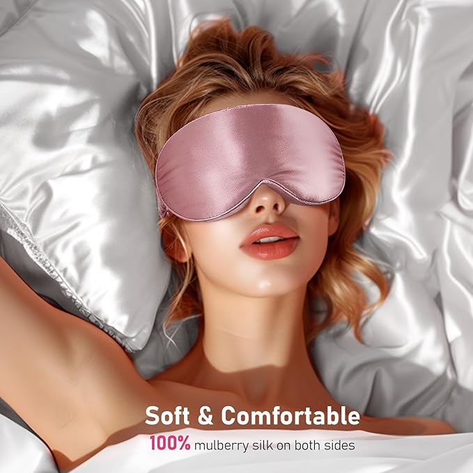 LitBear 100% 22 Momme Mulberry Silk Sleep Mask - 3D Contoured Eye Mask for Men Women, Soft Breathable Sleeping Mask with Adjustable Strap, Perfect Blocks Light for Sleeping (Bean Pink)