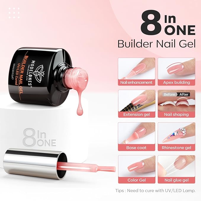 modelones Builder Nail Gel with Nail Dehydrator and Primer, 3Pcs Rose Nude Pink LED Gel Builder Polish Base Coat Acid Free Prep Dehydrate & Bond Primer for Thickening Apex Building 10ml Home DIY Salon