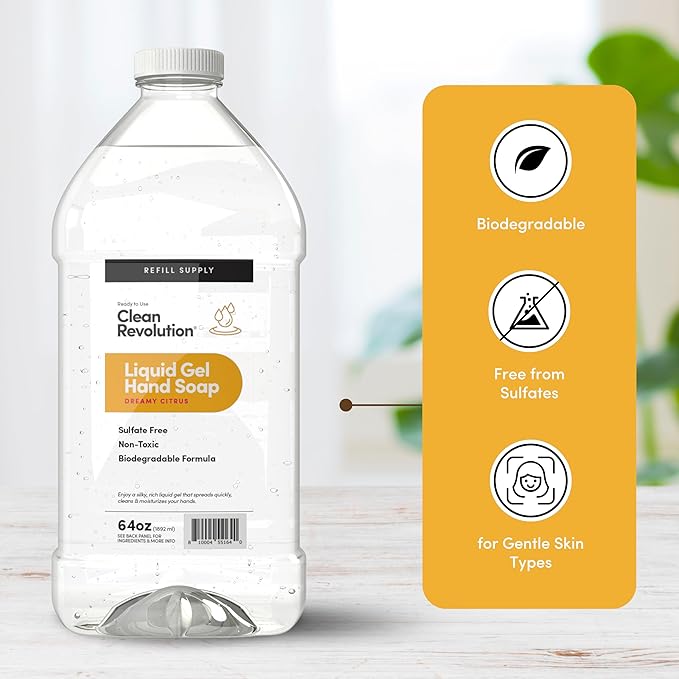 Clean Revolution Liquid Gel Hand Soap, Silky Rich Liquid, Quick Lather, Fast Rinsing, Contains Real Essential Oils (Dreamy Citrus) 64 Fl Oz