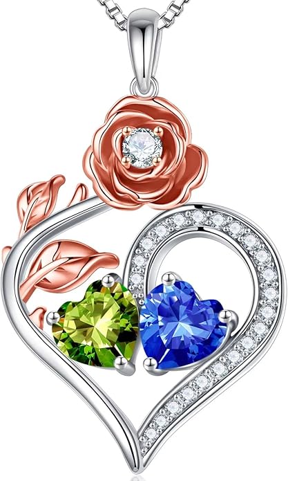 Iefil Rose Heart Birthstone Necklaces for Women - 925 Sterling Silver Double Birthstone Necklace, Anniversary Birthday Gifts for Women, Jewelry Gifts for Wife Her