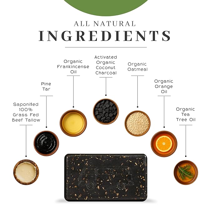 VanMan Tallow & Pine Tar Soap Bar – Grass-Fed Beef Tallow with Organic Oatmeal, Charcoal & Essential Oils – Exfoliating Face & Body Soap, 3.8oz - 10 Pack