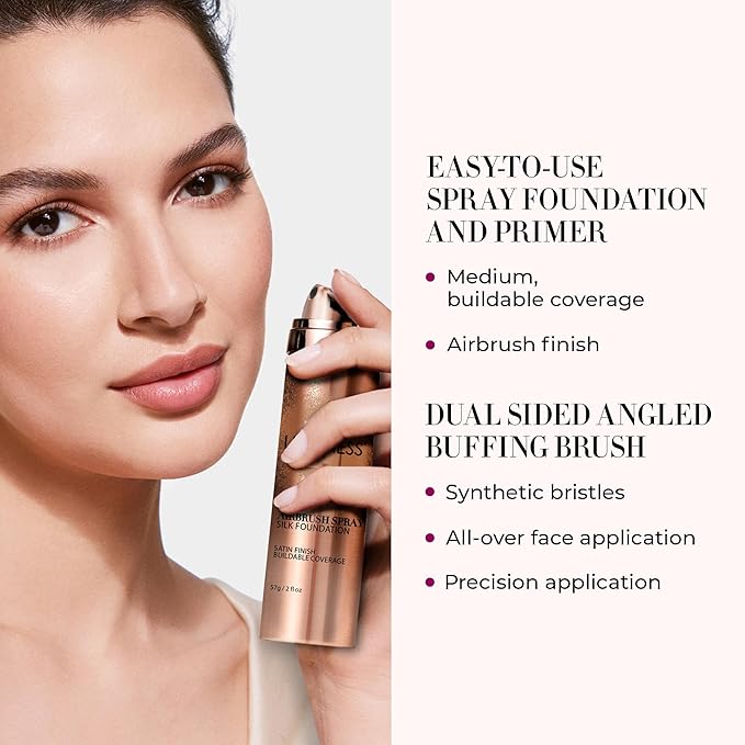 LUMINESS Airbrush Spray Silk Foundation Starter Kit - Deep - Foundation, Primer & Dual-Sided Angled Buffing Brush - Medium, Buildable Coverage, Anti-Aging Formula Hydrates & Moisturizes