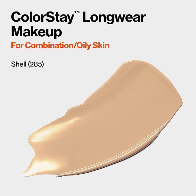 Revlon Liquid Foundation, ColorStay Face Makeup for Combination & Oily Skin, SPF 15, Medium-Full Coverage with Matte Finish, Shell (285), 1.0 oz