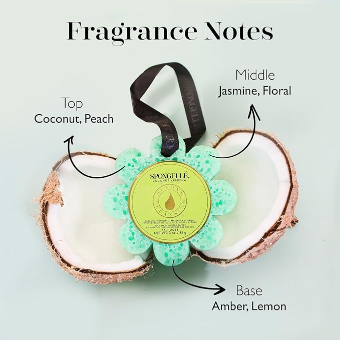 Spongelle Coconut Verbena Wild Flower Buffer Body Scrubber | Bath & Shower Loofah for Women | Exfoliator with Body Wash Infused Sponge | 14+ uses