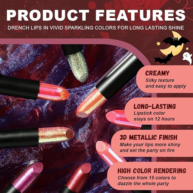 Kaely Glitter Metallic Lipstick, Shimmer Metallic Lipsticks for Women, High Pigmented Lip Color Long Lasting Waterproof Smudge Proof 24 Hour, Halloween Makeup, Vegan & Cruelty-Free, 15