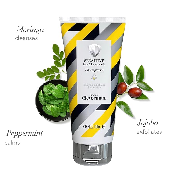 Cleverman Sensitive Face and Beard Scrub for Men, 100ml, Peppermint-Infused Exfoliating Facial Cleanser