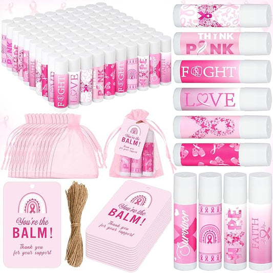 100 Set Pink Ribbon Breast Cancer Awareness Gifts Bulk, 100 Lip Balms, 100 Organza Gift Bags and 100 Tags Perfect for Charity Events, Survivors Awareness Campaigns