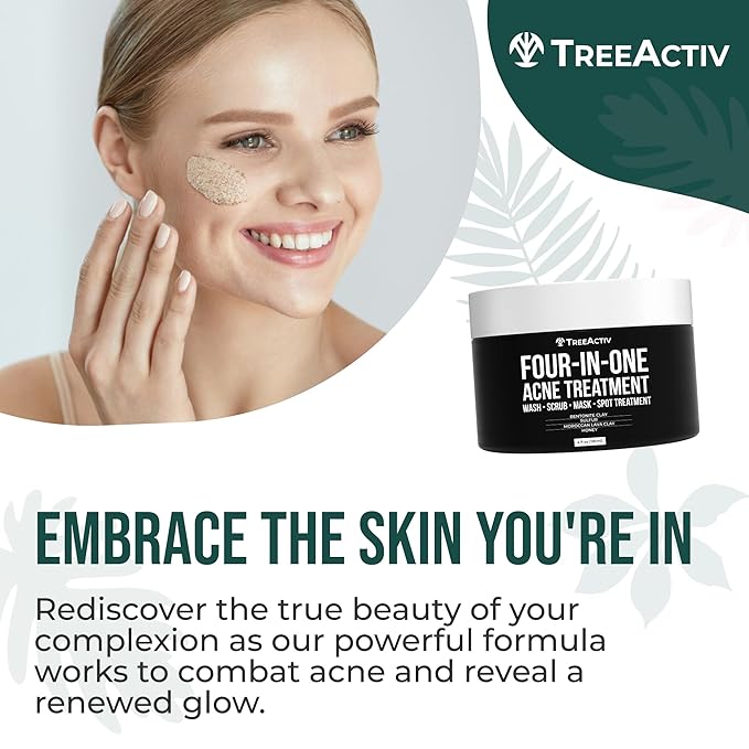 TreeActiv Four-in-One Acne Treatment | Wash, Scrub, Mask, and Spot Treatment | Heals Rosacea | Exfoliating Sugar | Face or Body | Natural Sulfur Clear Skin Cleanser | Bentonite (4 Ounce)