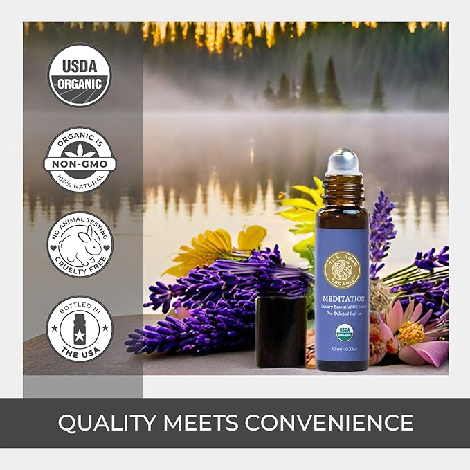 Silk Road Organic Meditation Essential Oil Empowering Blend Roll On,100% Pure USDA Certified Aromatherapy for Chakra Healing, Focus, Calming, Mindfulness & Spiritual Well-Being - 10ml Roller