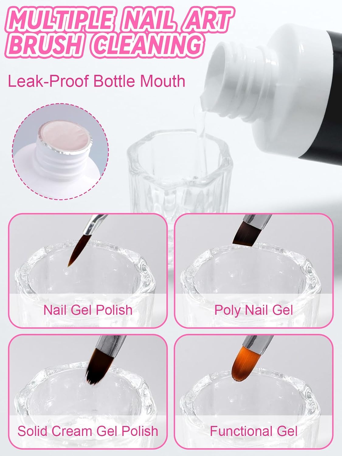 EBANKU Poly Gel Slip Solution for Nails - Anti-Stick Slip Solution for Builder Gel Nails, Brush Clean Liquid with Dual-Ended Nail Brush, 3PCS Nail Clips for Beginners & Home Salon, 2.5oz