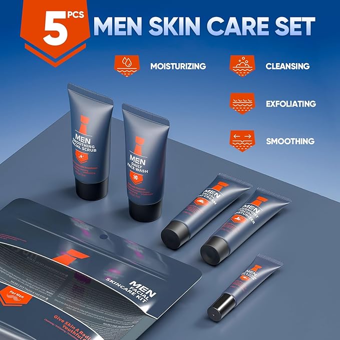 Mens Skincare Set, Valentines Day Gifts for Him, 5Pcs Mens Facial Care Kit - Facial Cleanser, Facial Scrub, Day Cream, Eye Cream and Overnight Moisturizer, Travel Size Mens Skincare Gift Set