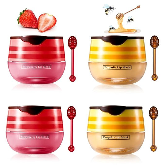 4 Pcs Bee Lip Balm Lip Mask Honey Pot, Honey & Strawberry Lip Mask Propolis Moisturizing Lip Balm Hydrating Prevention Dry and Cracked Lip Scrubs Exfoliator,Reduces Lip Lines.