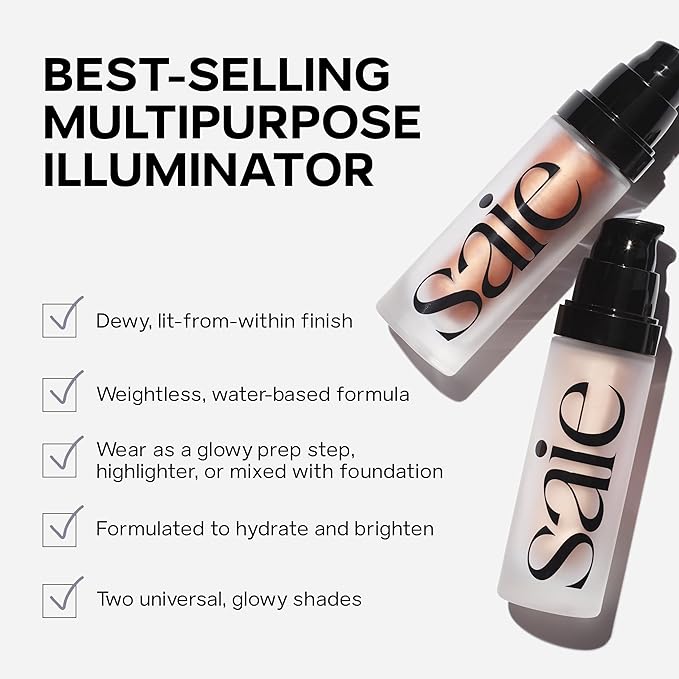 Saie Mini Glowy Super Gel Lightweight Illuminator - Luminizer + Makeup Primer for Glowing Skin - Enriched with Vitamin C + Hydrating Squalane Oil - Wear Alone or Under Makeup - Sunglow (0.5 oz)