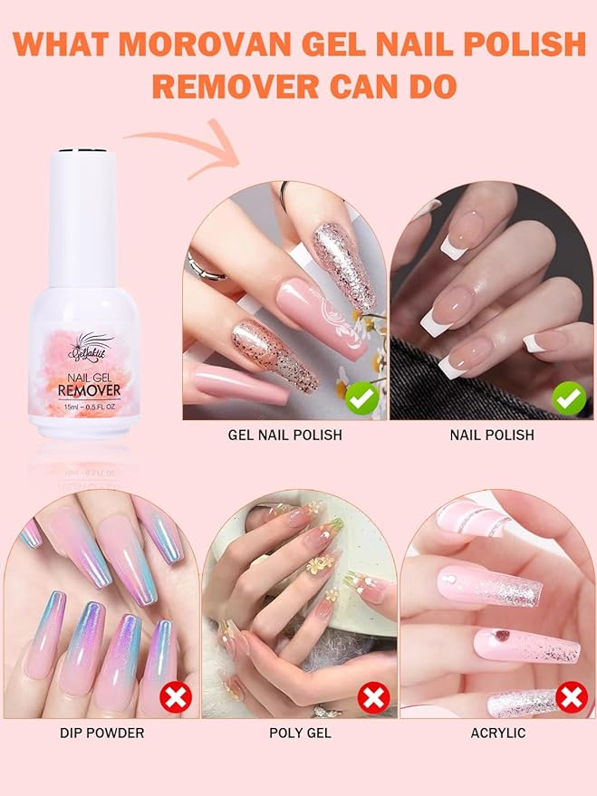 Gel Nail Polish Remover, 2 Pack × 15ml acetone-free Formula Remove Gel Polish for Nails, Quick & Easy Remove in 3-5 Minutes, NO Need Soaking or Foil Wrapping for Nails