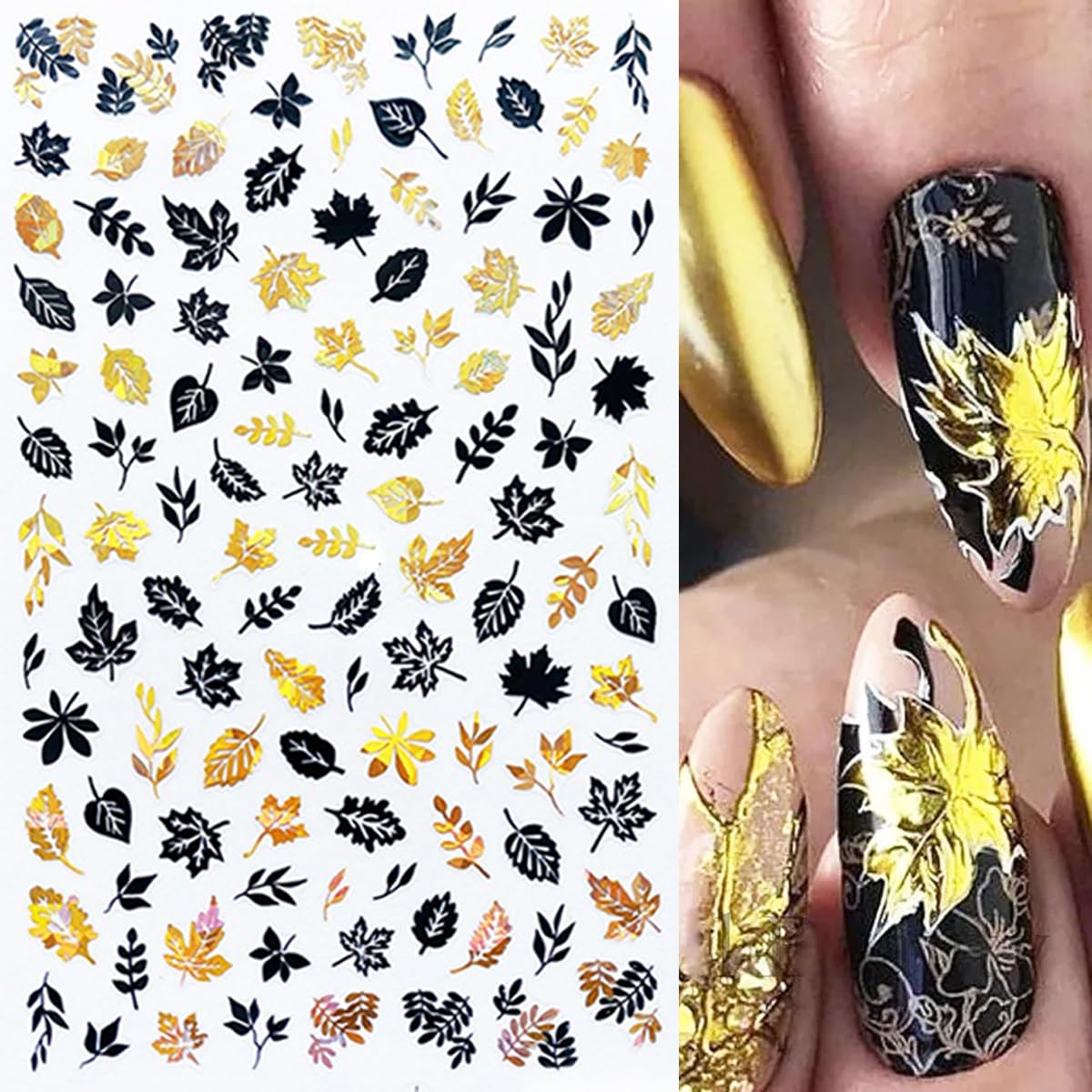 8 Sheets Fall Leaves Nail Art Stickers Gold Maple Leaf Self-Adhesive Nail Decals 3D Stickers Foil Autumn Maple Nail Designs Laser Shiny Manicure Tip Fall Nail Decorations for Thanksgiving Day Supplies