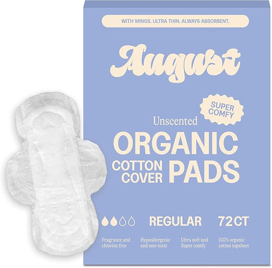 August Regular Cotton Menstrual Pads, 72-Pack Ultra Thin Pads with Wings, Hypoallergenic Sanitary Napkins with Organic Cotton Topsheet, Compostable Wrappers, Toxin Free, Fragrance Free