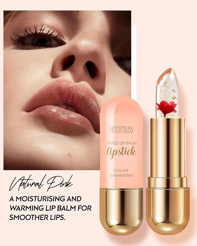 Tinted Lip Balm, Flower Lipstick Tinted Lip Gloss Long Lasting PH Lipstick, Color Changing Lipstick Natural Chapstick, Glitter Pink Shade Lipstick, Red Flower