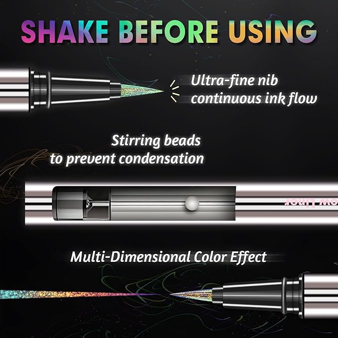 CHARMACY Chameleon Liquid Eyeliner, Liquid Glitter Eyeliner, Highly Pigmented, Metallic MultiColor Shifting waterproof Eyeliner, Ultra-Fine Tip, Longwearing, Smudge-proof (A02 Mystic Mirage)