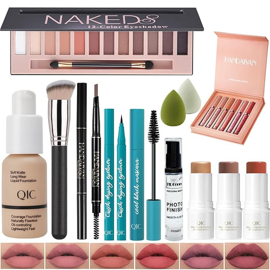 All In One Makeup Kit Full Kit, 3 Pcs Cream Contour Sticks,12 Colors Eyeshadow Palette,Full Coverage Foundation, 6 Colors Lipstick Set, Waterproof Eyeliner and Mascara(104# Buff Beige)