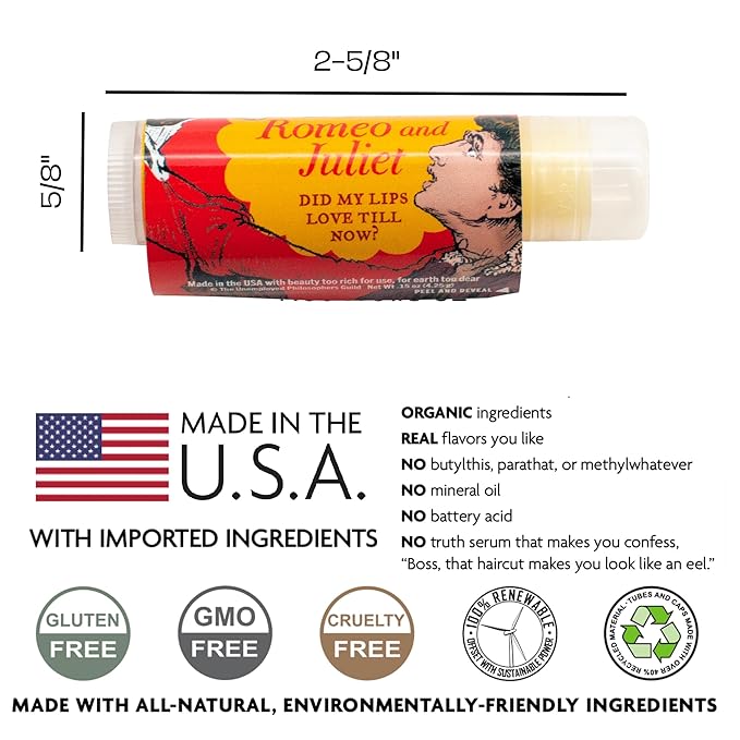 Read My Lips Lip Balm - Full Text of Romeo & Juliet Balcony Scene Under Label, Pear Flavored - Cruelty-Free and Made in the USA from Natural and Imported Ingredients