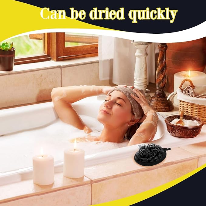 Boao 6 Pcs Bath Shower Pouf Sponge Mesh Pouf Shower Ball Exfoliating Body Sponge Pad Scrubber Glove with Flower Bath Ball (Black)
