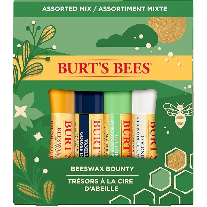 Burt's Bees Holiday Gift, 4 Lip Balms Stocking Stuffer, Assorted Mix Set, Classic Beeswax, Vanilla, Cucumber Mint & Coconut And Pear