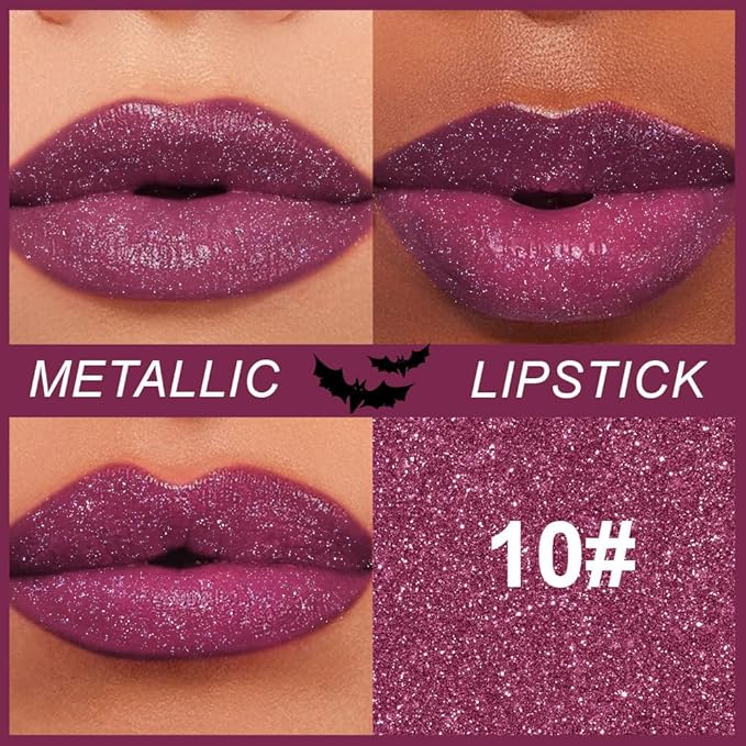 Kaely Glitter Metallic Lipstick, Shimmer Metallic Lipsticks for Women, High Pigmented Lip Color Long Lasting Waterproof Smudge Proof 24 Hour, Halloween Makeup, Vegan & Cruelty-Free, 10
