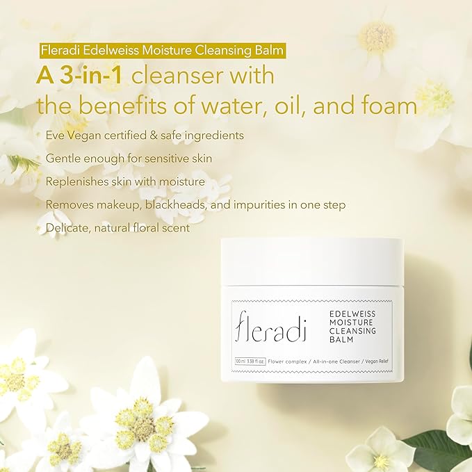 Edelweiss Cleansing Balm – Vegan Makeup Remover and Face Cleanser with Natural Flower Extracts. Korean Skincare, No Parabens or Sulfates (3.38 fl oz)