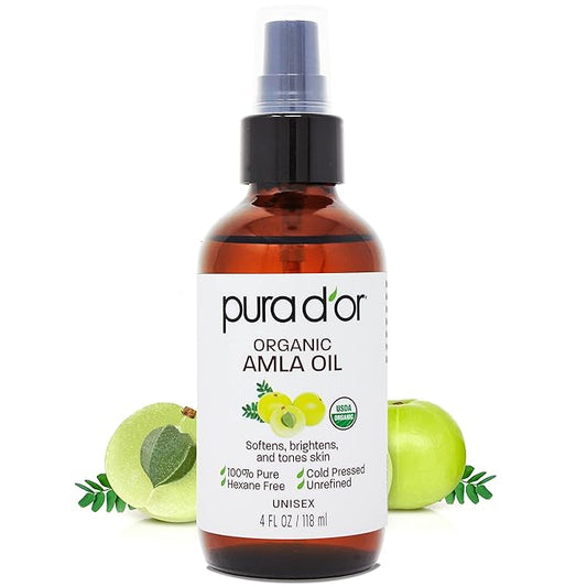 PURA D'OR Organic Amla Oil (4oz / 118mL) 100% Pure USDA Certified Premium Grade Natural Moisturizer, Cold Pressed, Hexane-Free Base Carrier for DIY Skin Care Men & Women, Pack of 1, 0.5 pounds