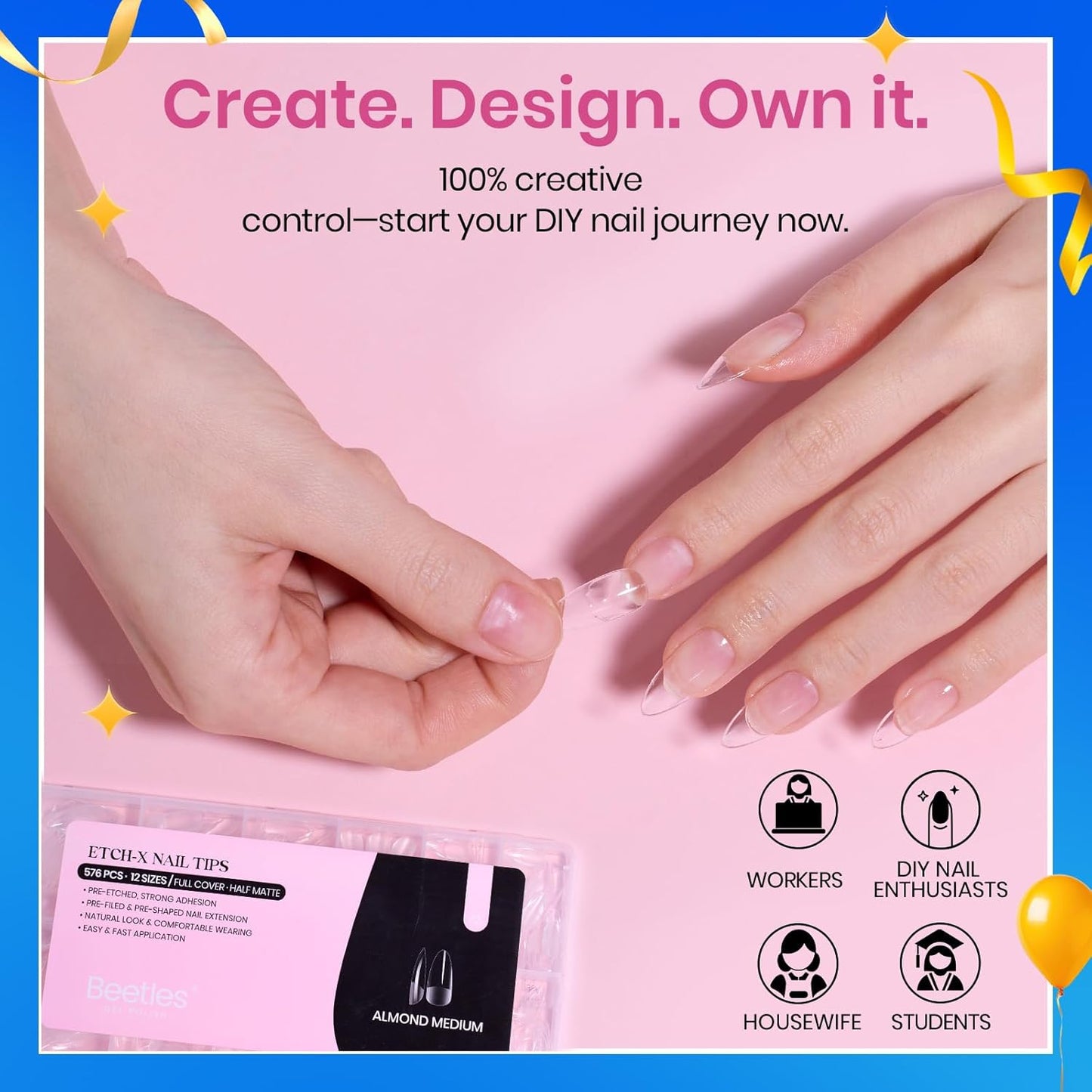 Beetles Medium Almond Nail Tips 576pcs 12 Sizes, Pre-Etched Soft Gel Nail Tips Half Matte Full Cover False Nail Tips Clear Acrylic Nails Glue on Nails DIY Nail Extension Gift for Women