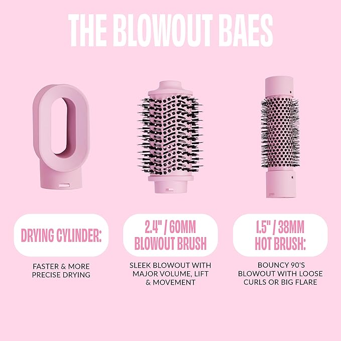 FoxyBae 3-in-1 Ceramic Interchangeable Hair Tools - Blowout Dryer - 3 Detachable Heads - 2.4" Blowout Brush, 1.5" Hot Round Brush & Drying Cylinder Hair Dryer Brush & Hair Styling Set [Party Pink]