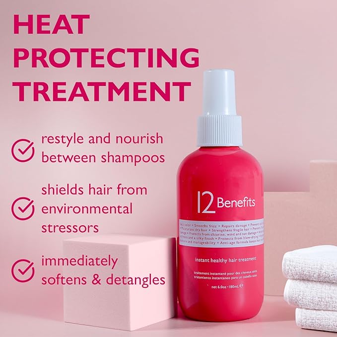 12 Benefits Leave-In Conditioner Spray – Instant Healthy Hair Treatment, Anti-Frizz, Detangles, Strengthens & Repairs, Heat Protection with Quaternium 39 & Silk Fibre Protein, 6 Fl Oz